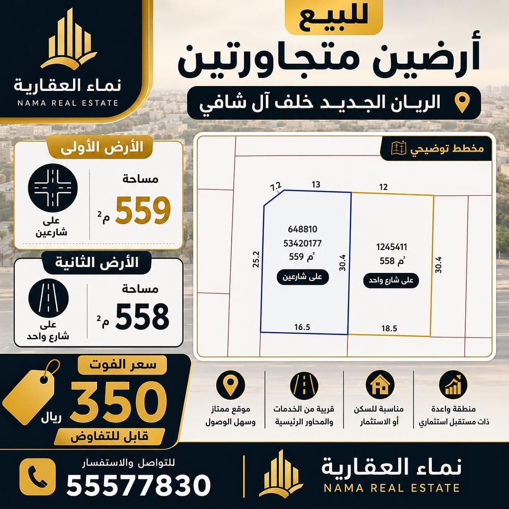 أرض سكنية للبيع في الريان الجديد